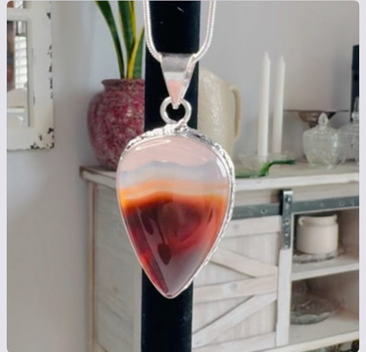 Western Sunset Agate Gemstone Pendant Necklace 925 Sterling Silver Plate Bezel & Chain