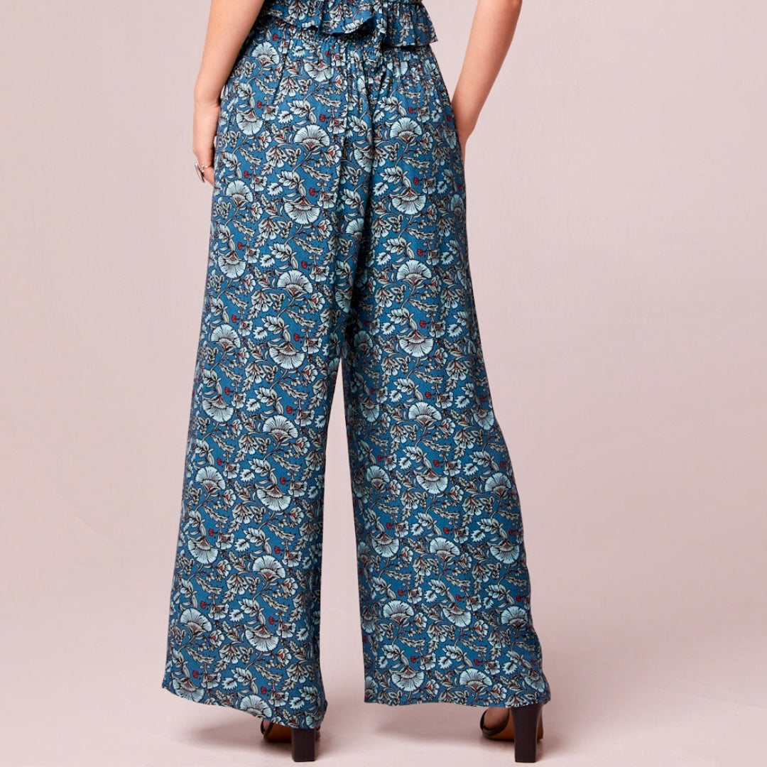 BAND OF THE FREE Elise Teal Floral Boho High Waist Wide Leg Pants
