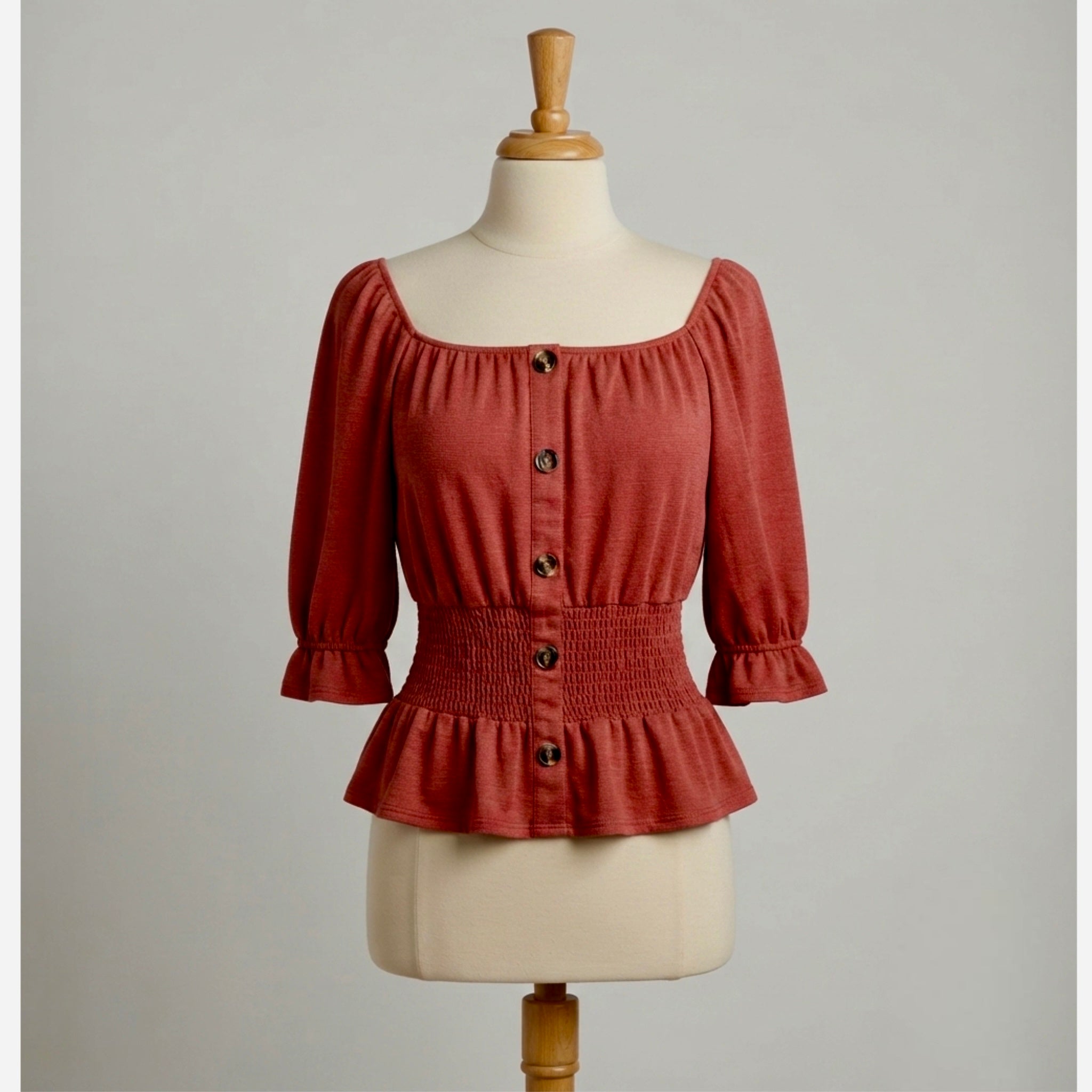 Burnt Orange Boho Blouse Button Accent Cinched Waist Knit Top