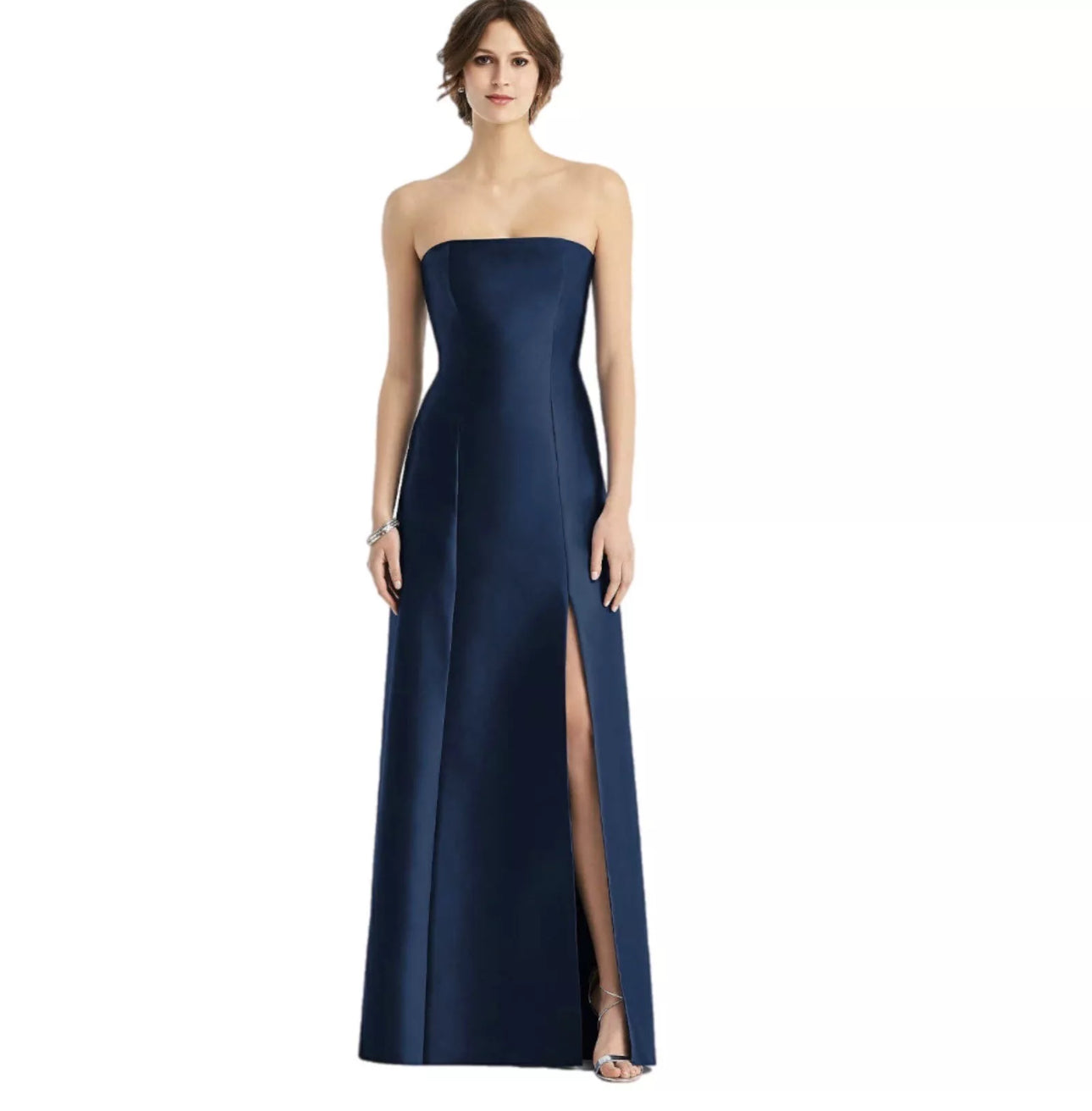 ALFRED SUNG Strapless Satin Gown Formal Dress Slit D764 Midnight Navy