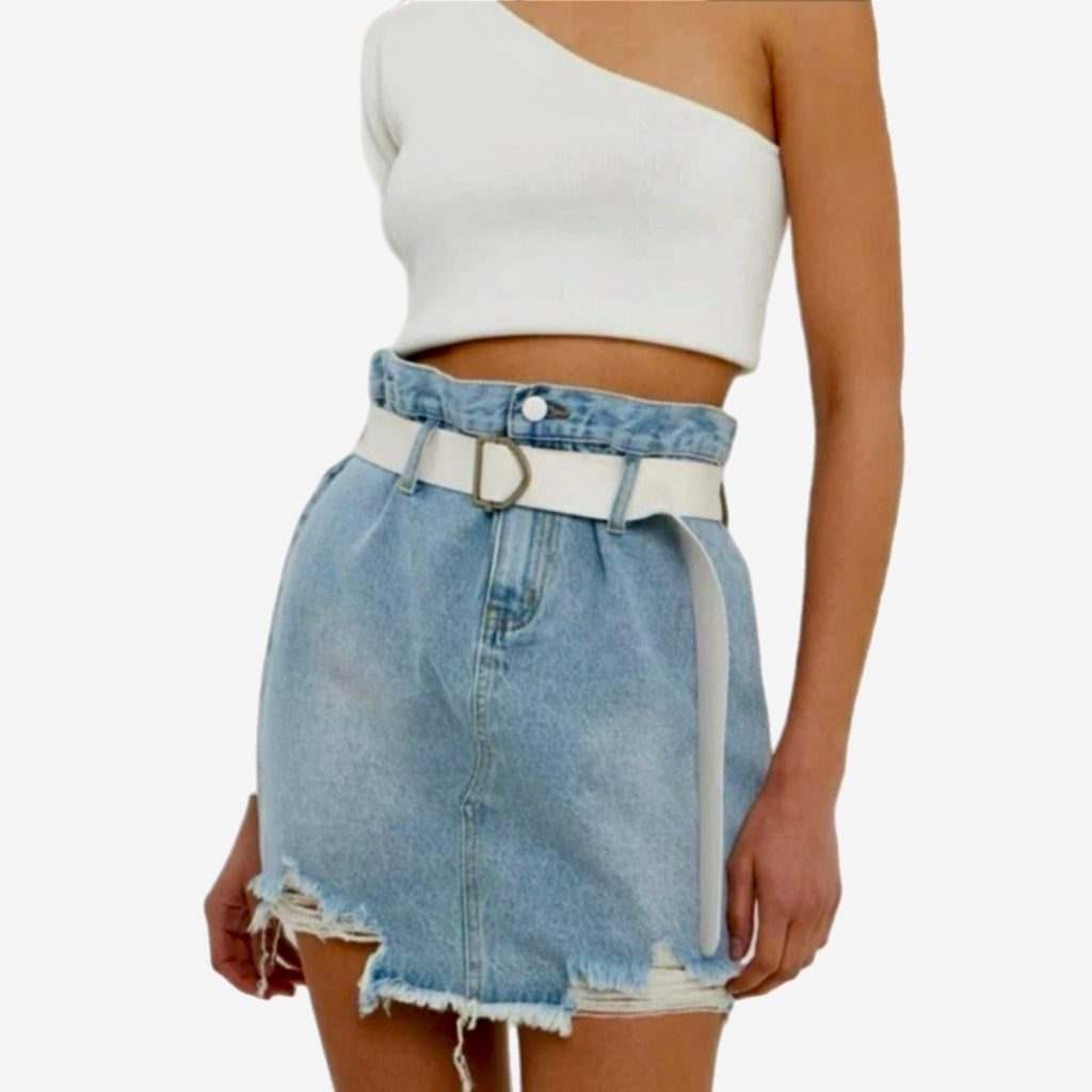 GREY LAB LOS ANGELES High Rise Denim Skirt Light Wash 90s Style Distressed Hem