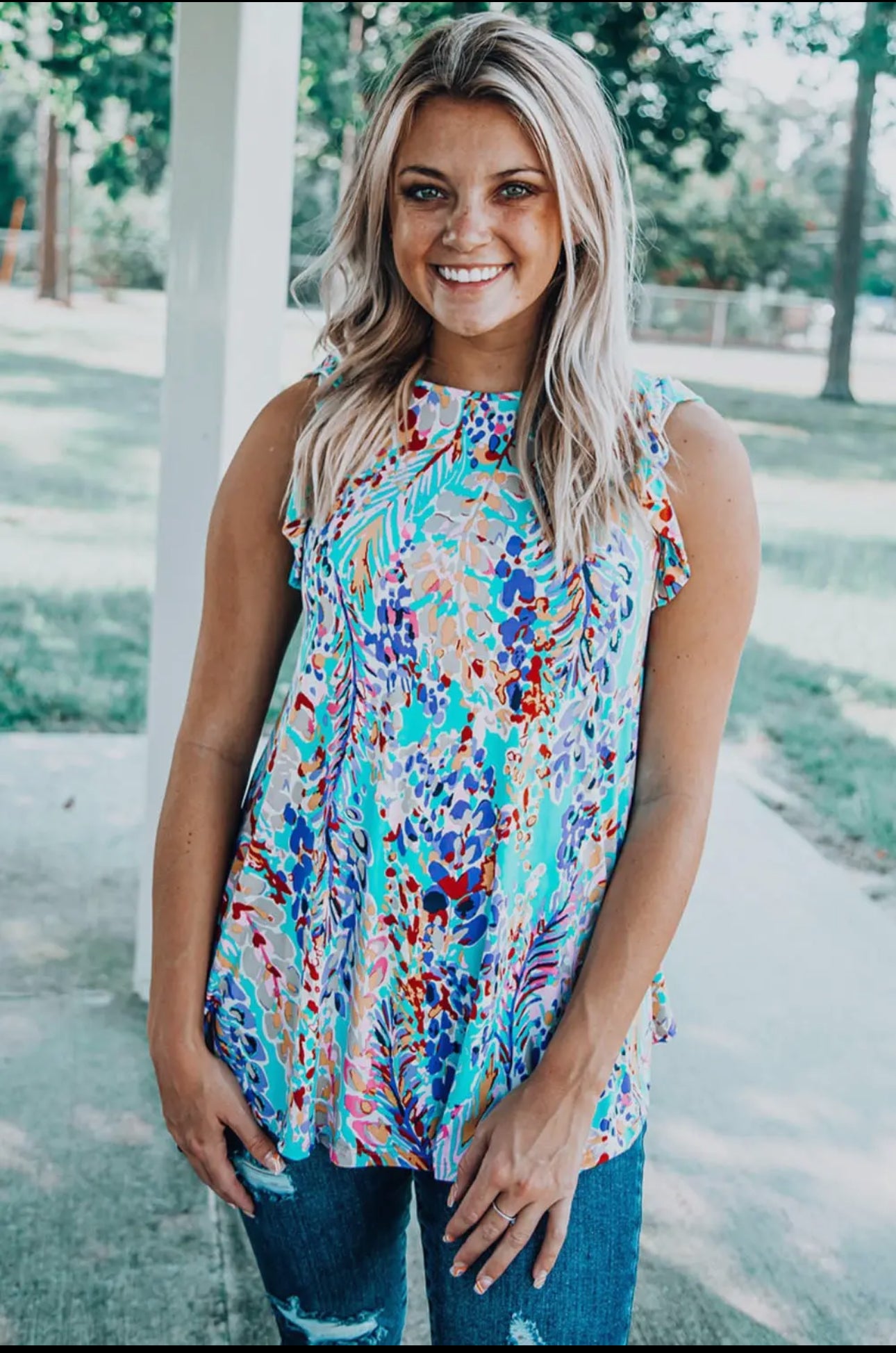 Floral Print Ruffle Sleeve Summer Top Coastal Blue Blouse