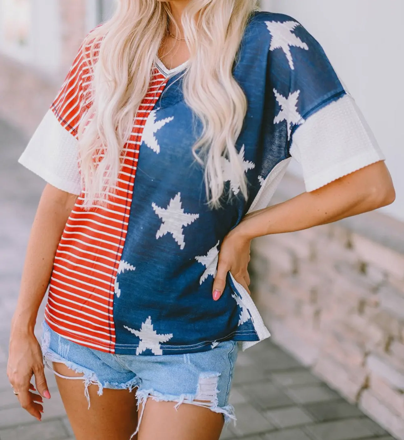 Stars and Stripes Loose Knit Comfort Top Short Sleeve Summer Shirt