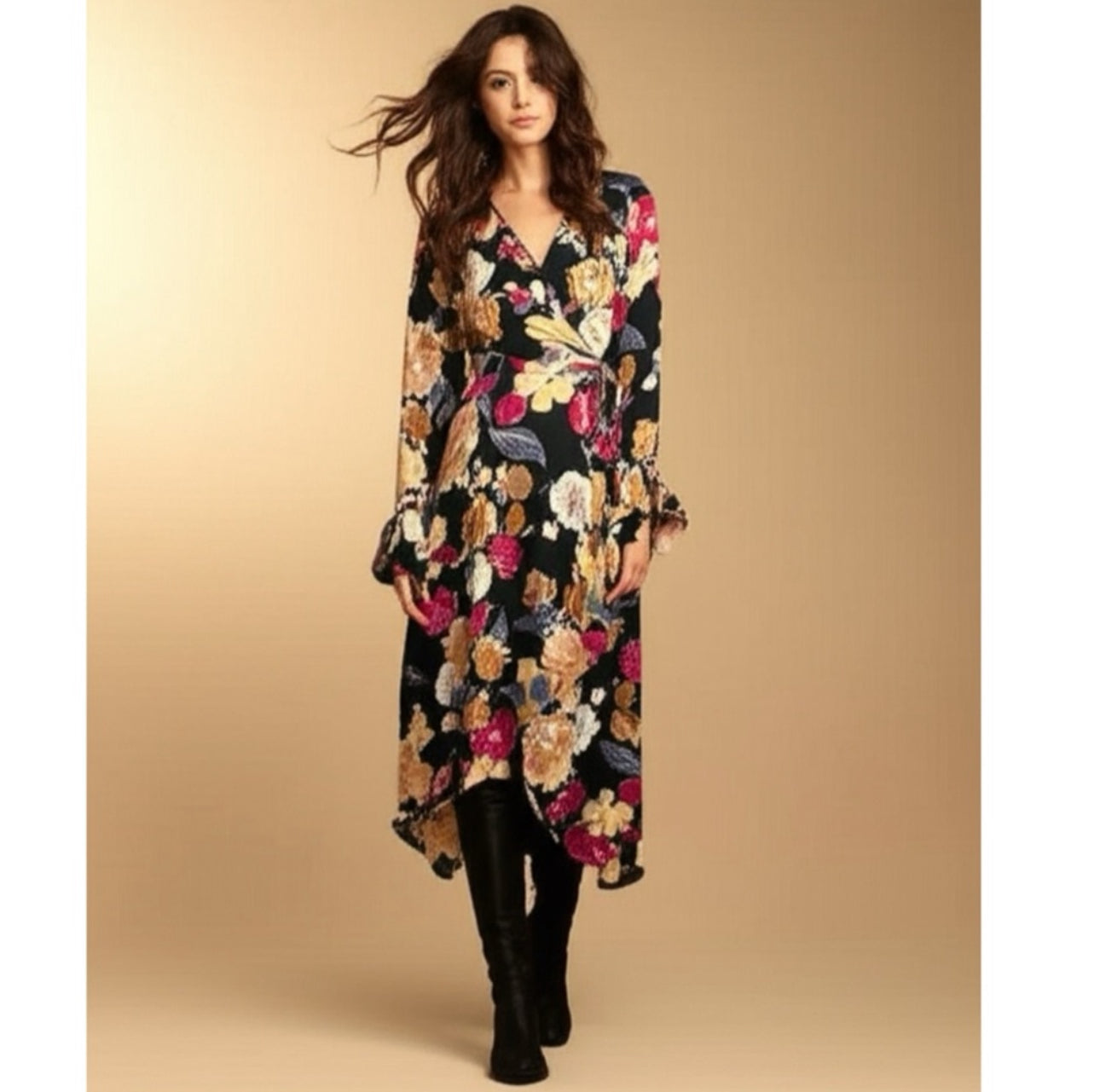 BAND OF THE FREE Black Floral Hi-Lo Wrap Maxi Dress Long Sleeve
