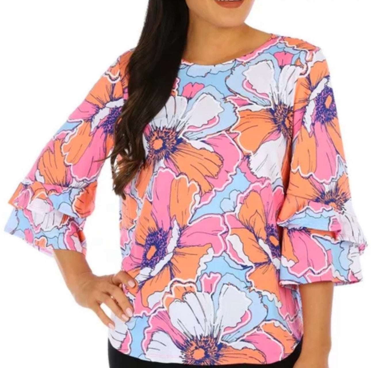 RUBY RD Pink Tropical Floral Blouse 3/4 Flutter Sleeve Top