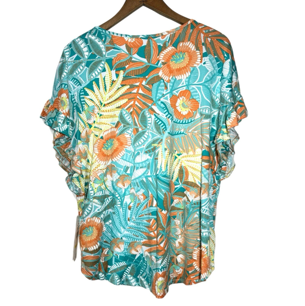 RUBY RD Tropical Floral Short Sleeve Blouse Flutter Sleeve Split Neck Top