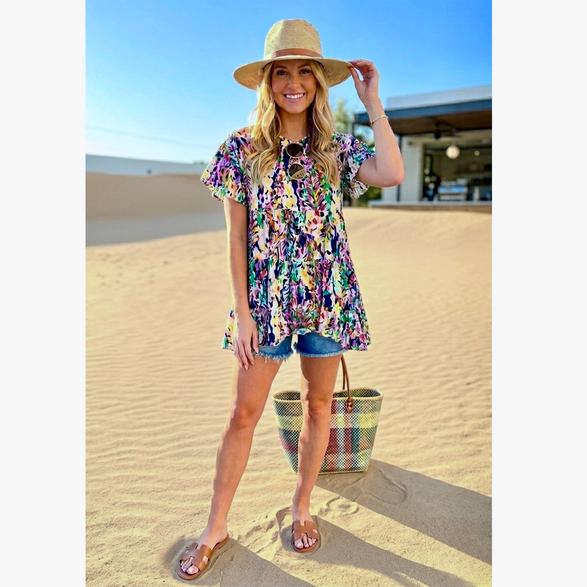BEESON RIVER Sunny Days Navy Floral Top Tiered Ruffle Sleeve Tunic