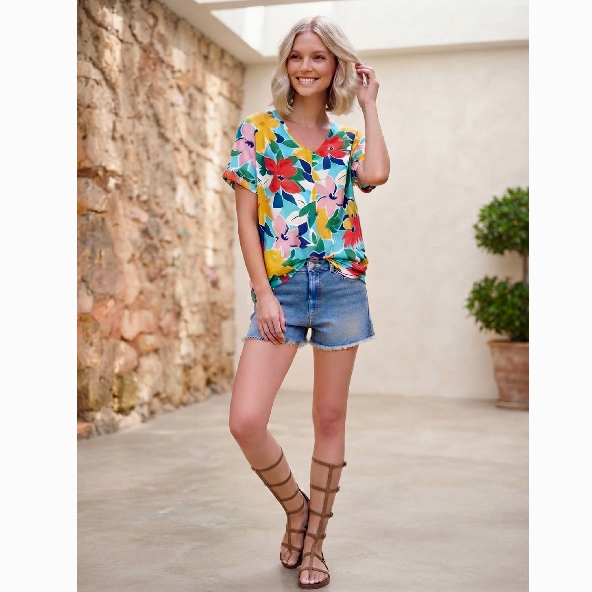 HAPTICS Teal & Coral Floral V Neck Top Super Soft Blouse Short Sleeve