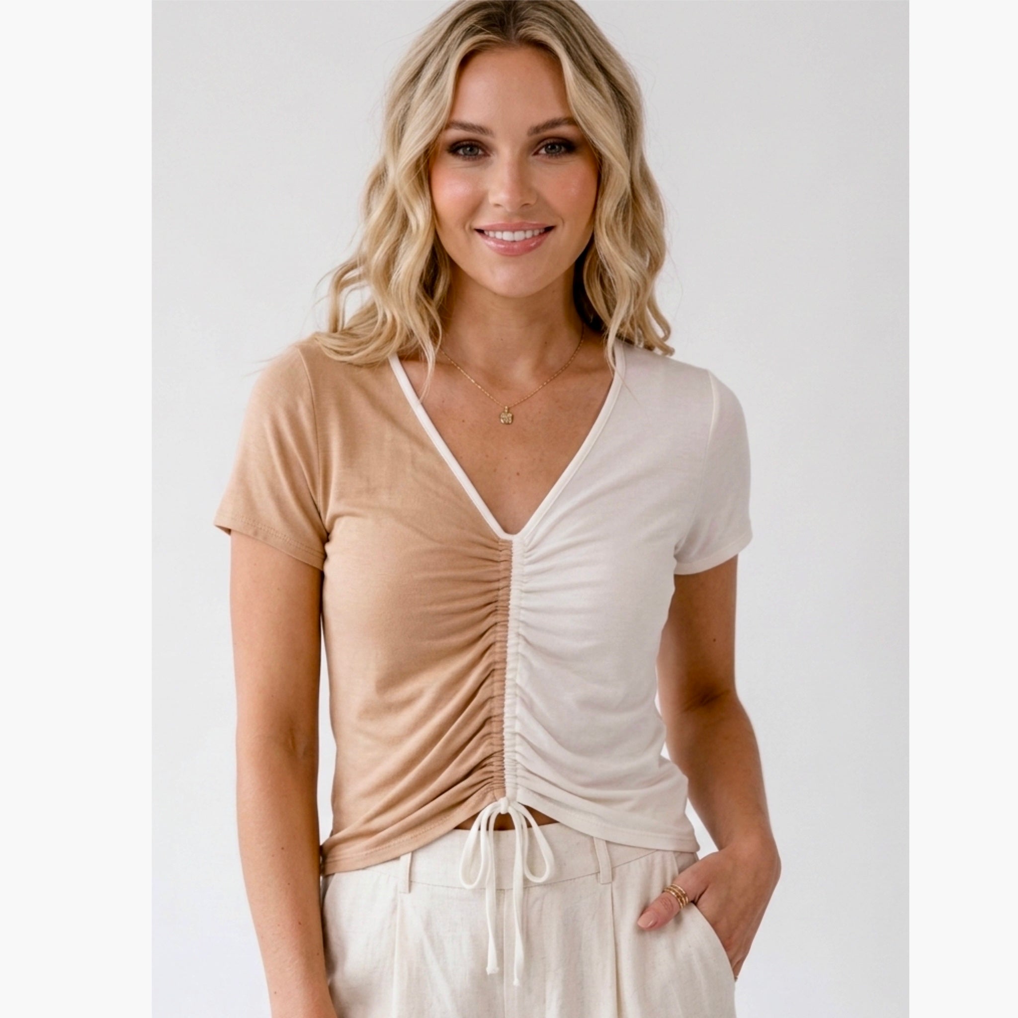 If She Loves Coastal Summer Two-Tone Center Tie Ruched Top