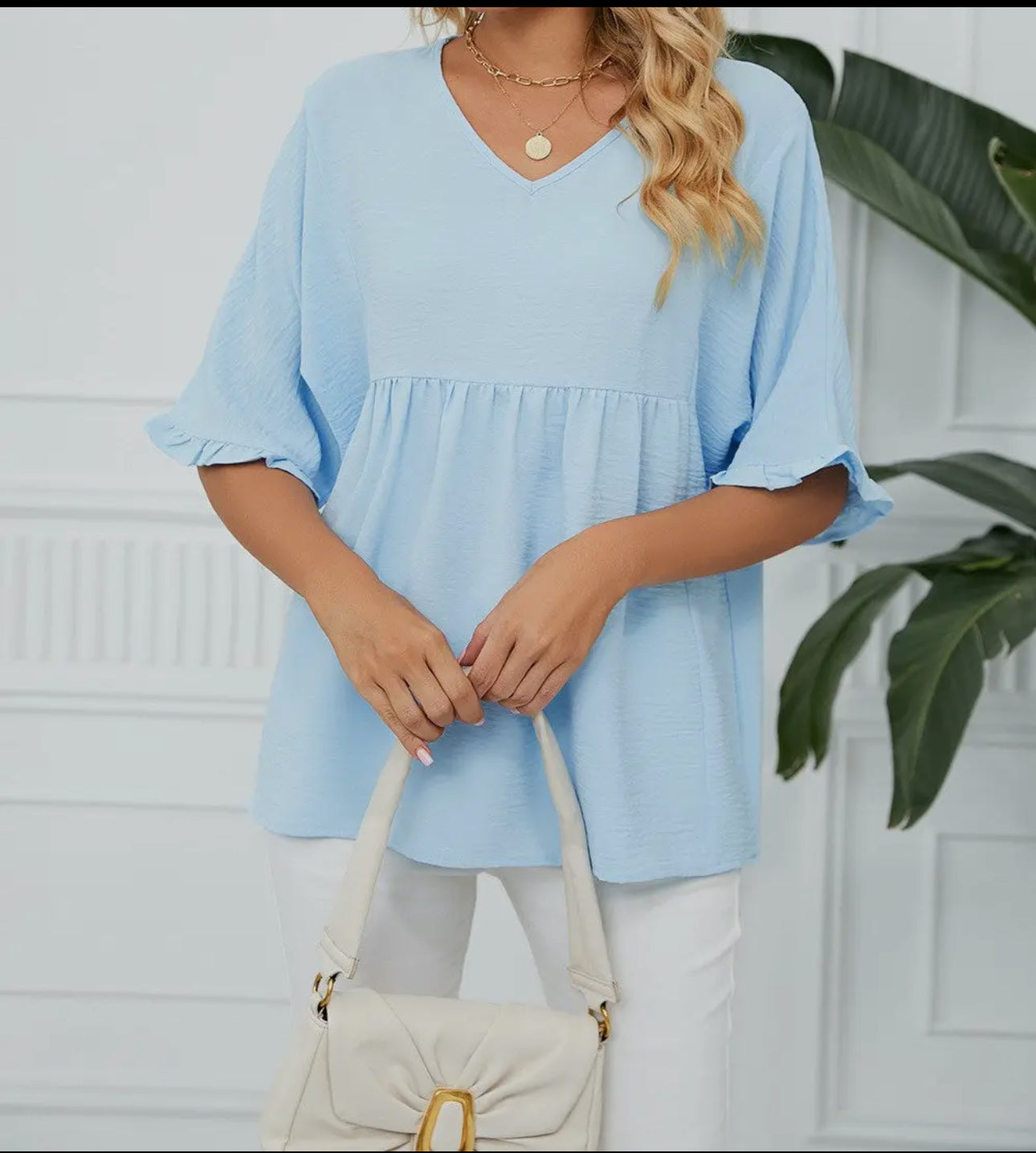 Textured Ruffle Gathered Top Short Sleeve V Neck