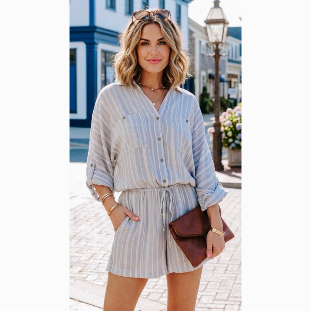 East Coast Bella Coastal Stripe Button-Down Utility Romper