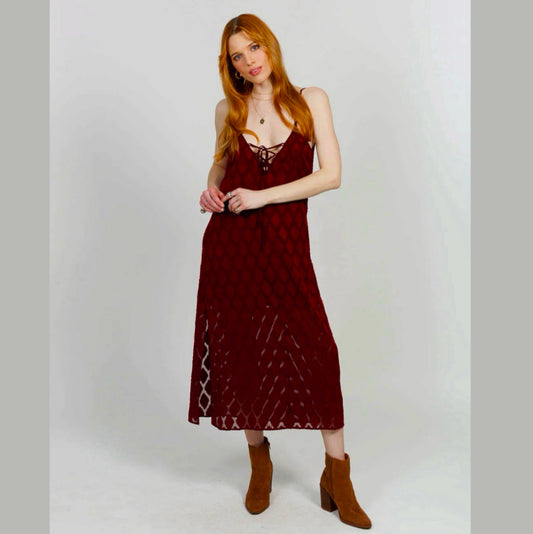 BAND OF THE FREE Lila Burgundy Autumn Slit Midi Dress Sleeveless Boho