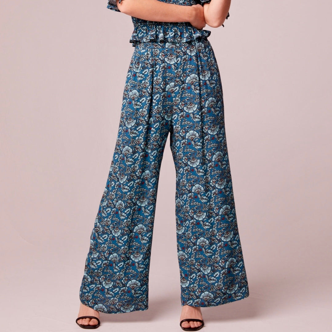BAND OF THE FREE Elise Teal Floral Boho High Waist Wide Leg Pants