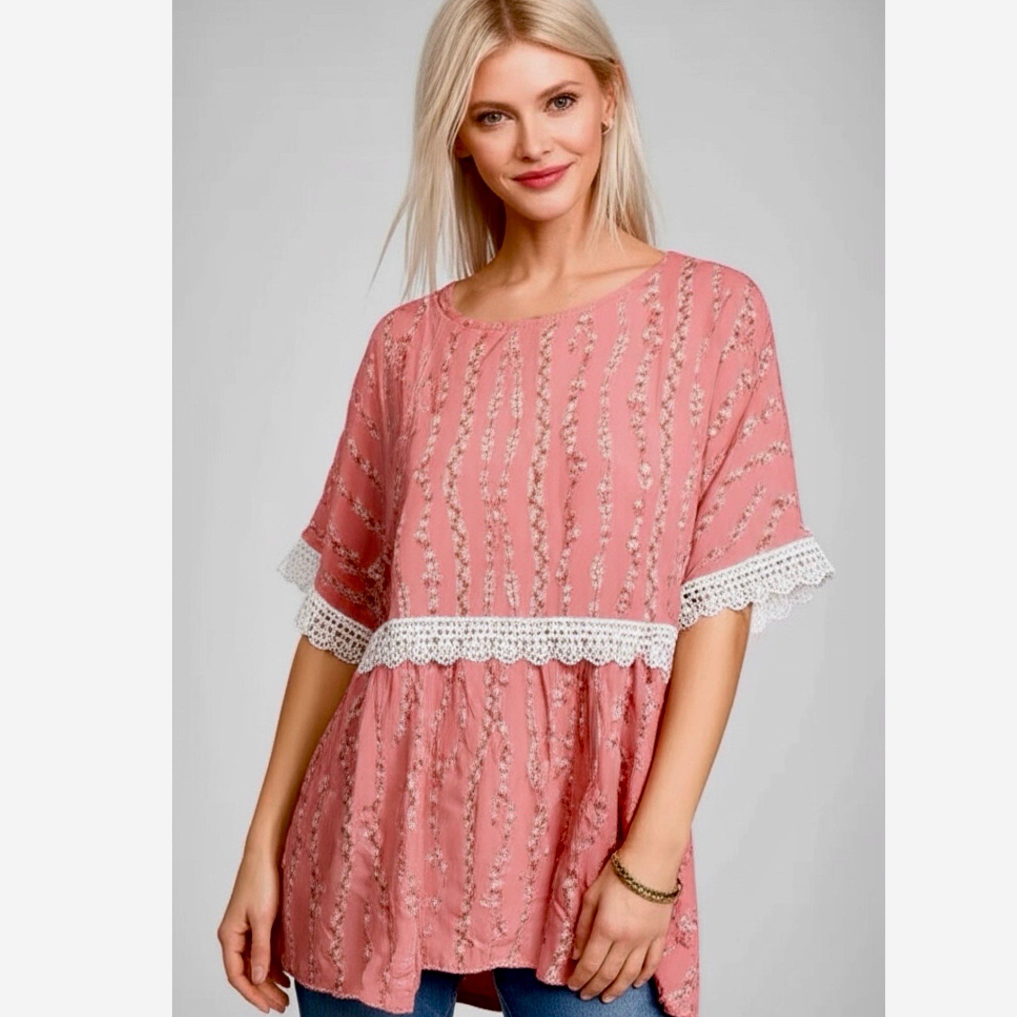 HAPTICS Pink Coral Floral Cottage Crochet Short Sleeve Blouse Top