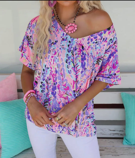 Pretty in Pink V Neck Short Sleeve Abstract Floral Top