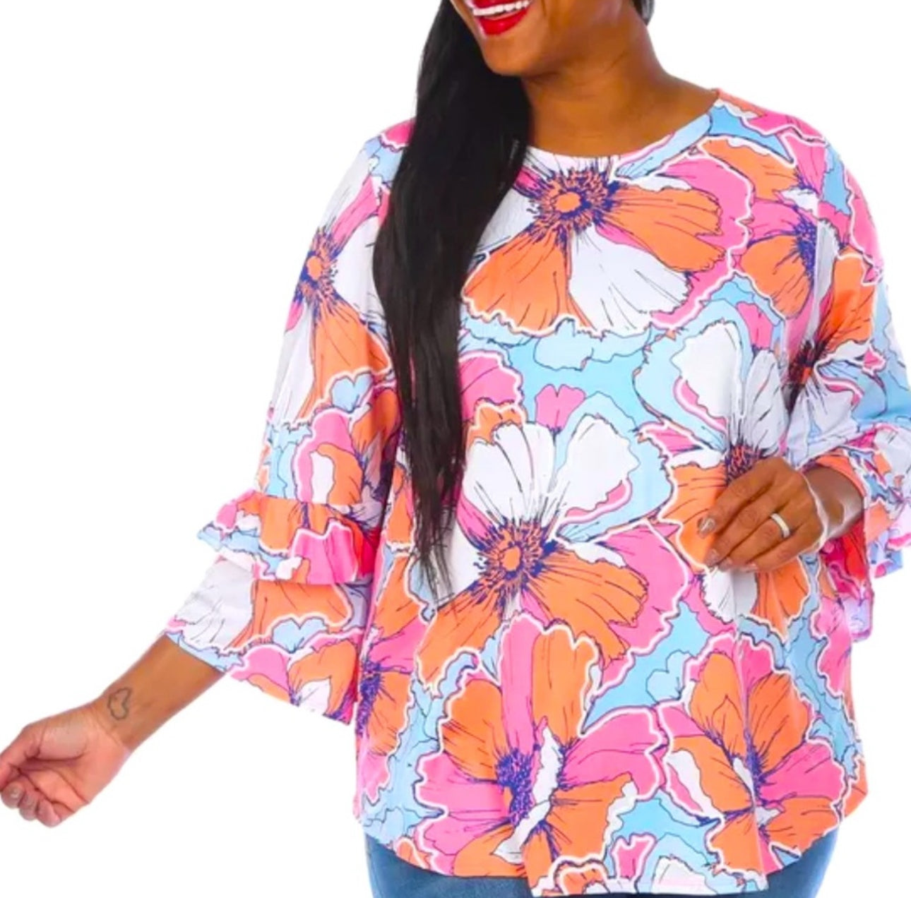 RUBY RD Pink Tropical Floral Blouse 3/4 Flutter Sleeve Top