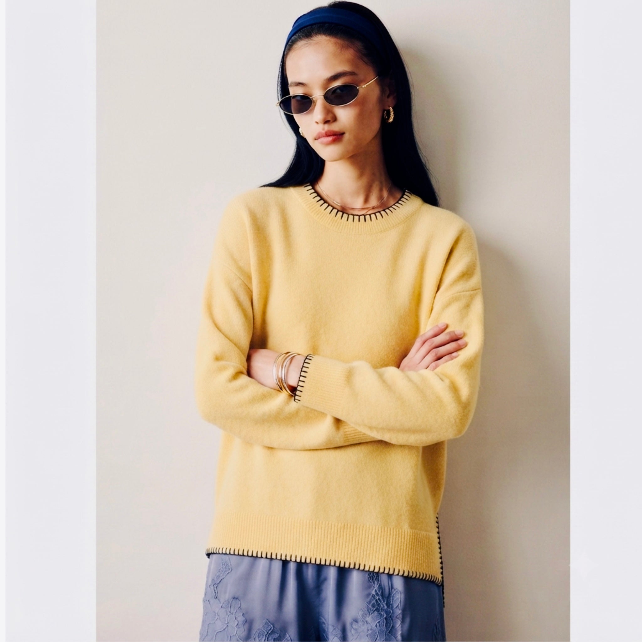 La Miel Oversized Contrast Stitch Crewneck Sweater in Yellow