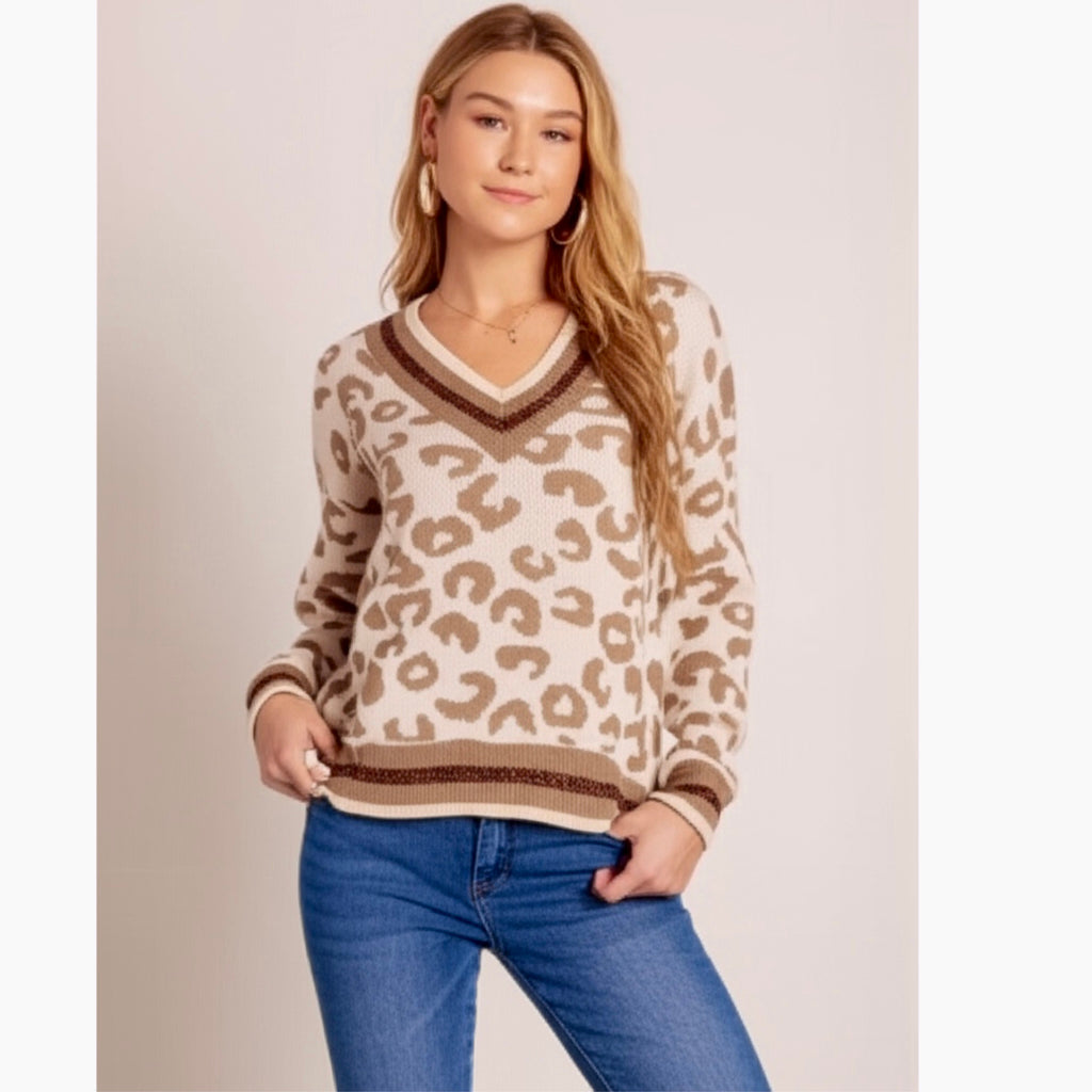 FUNKITRIBE Animal Print Light Knit V Neck Drop Shoulder Winter Sweater Sparkle Accents