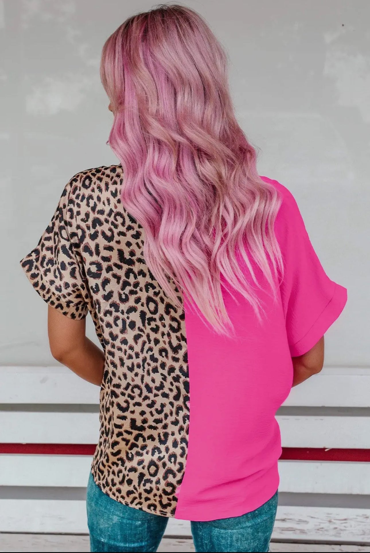 Contrast Pink & Leopard Colorblock V Neck Top Short Sleeve Shirt