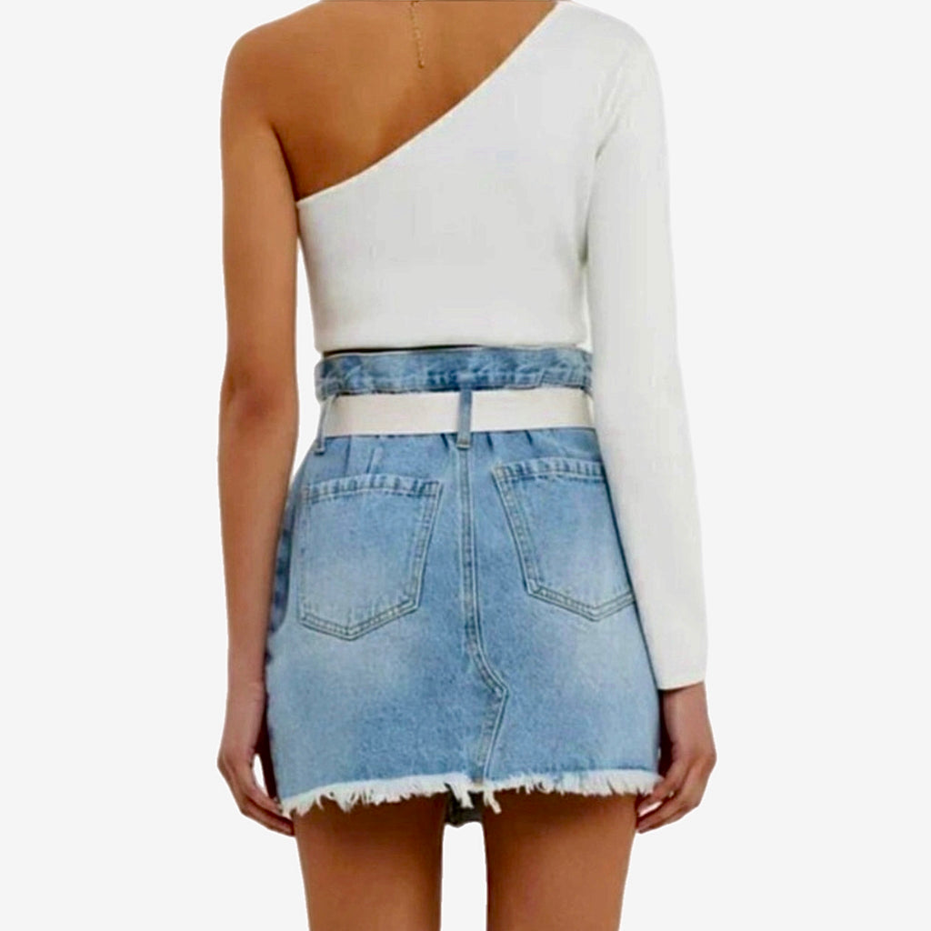 GREY LAB LOS ANGELES High Rise Denim Skirt Light Wash 90s Style Distressed Hem