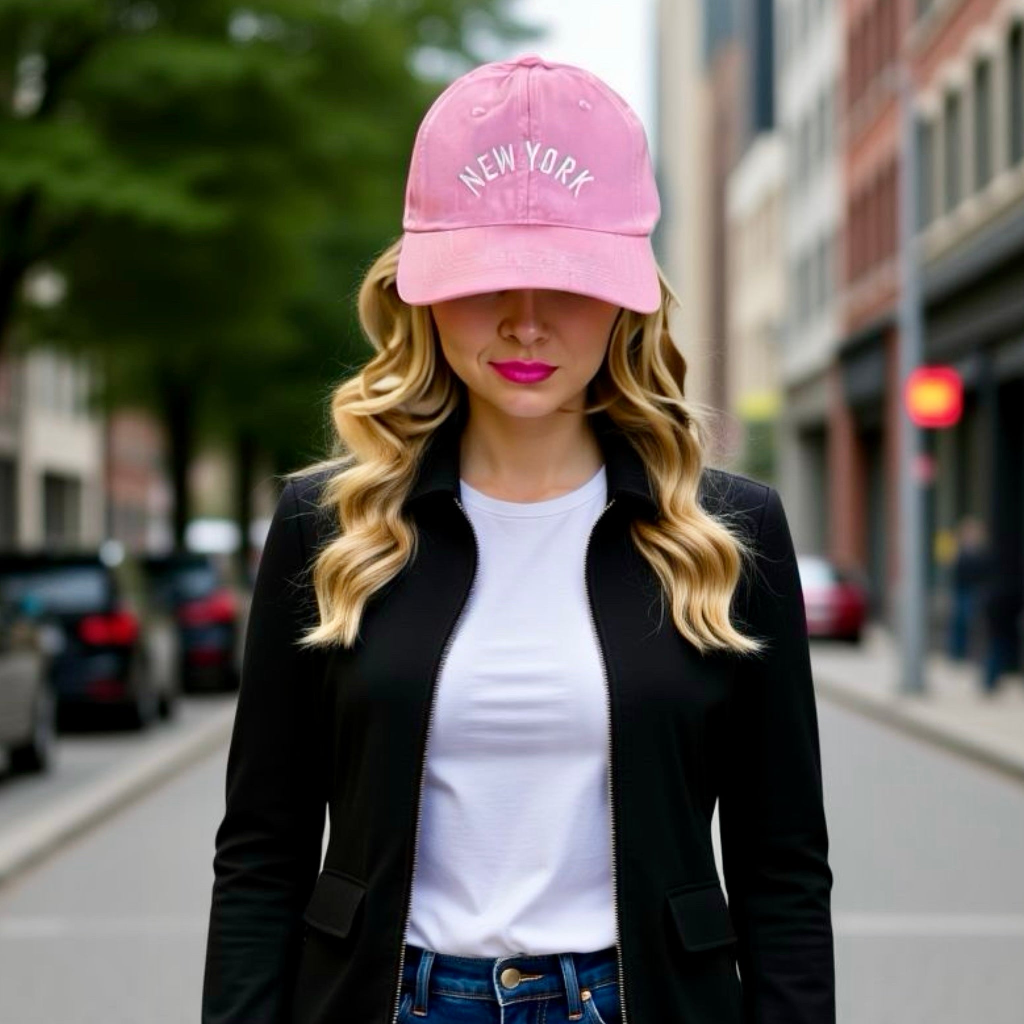 NEW YORK Women’s Baseball Cap Hat In Vintage Wash Pink Embroidered Adjustable