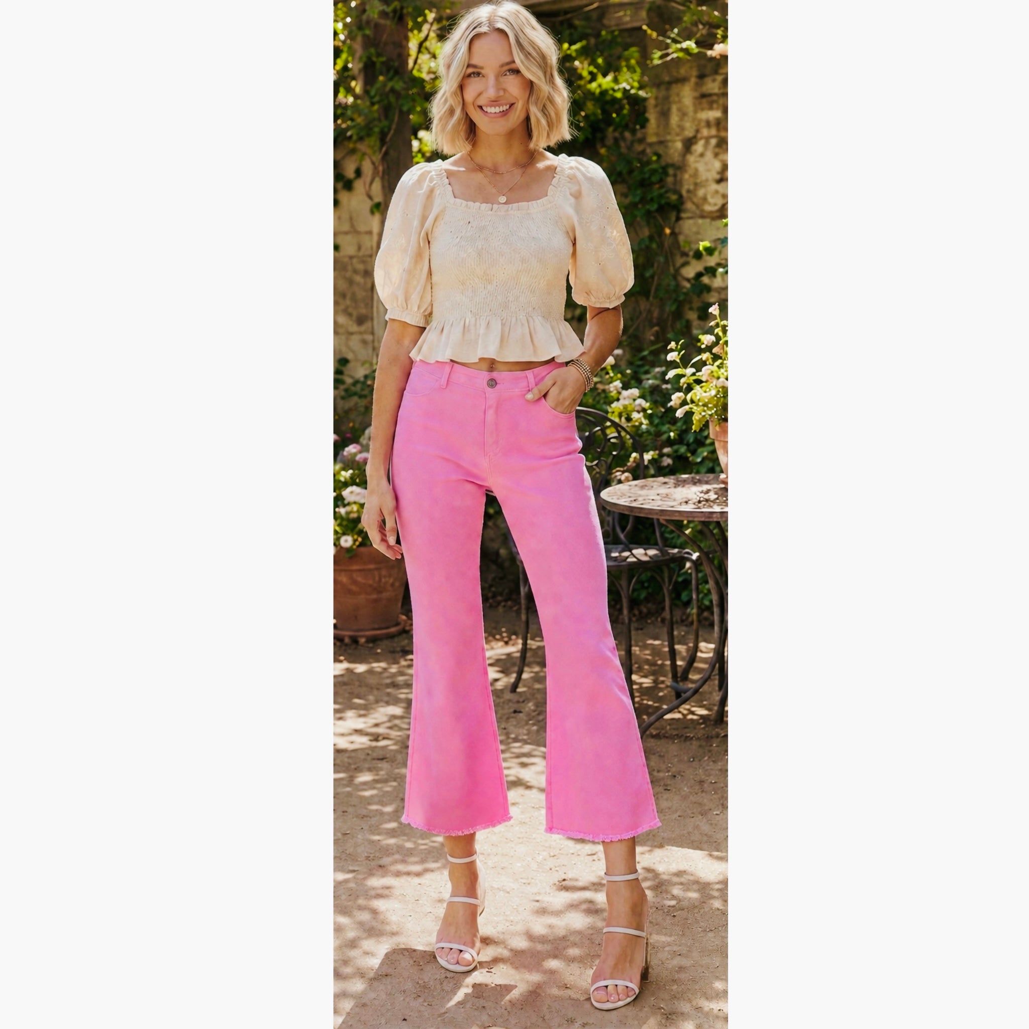LA MIEL High-Rise Raw Hem Stretch Ankle Flare Pants in Candy Pink