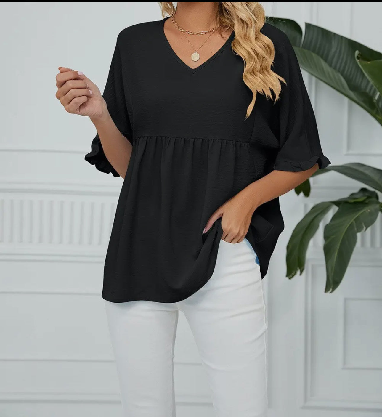 Textured Ruffle Gathered Top Short Sleeve V Neck