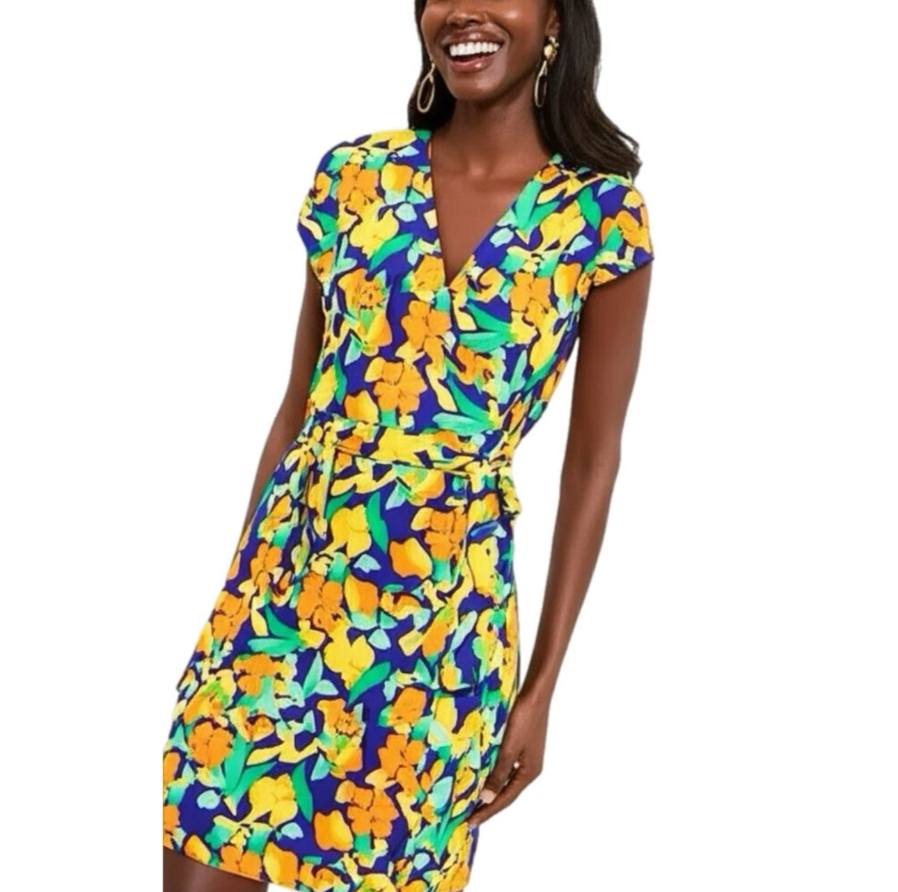 NINE WEST Wrap Dress Artful Abstract Floral Print Short Sleeve