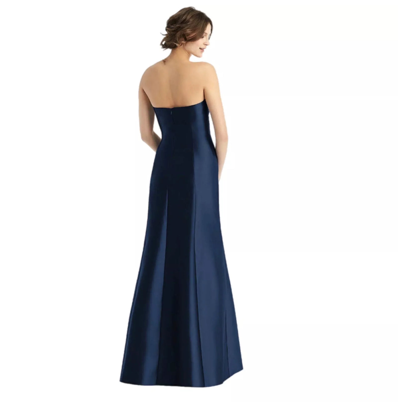 ALFRED SUNG Strapless Satin Gown Formal Dress Slit D764 Midnight Navy
