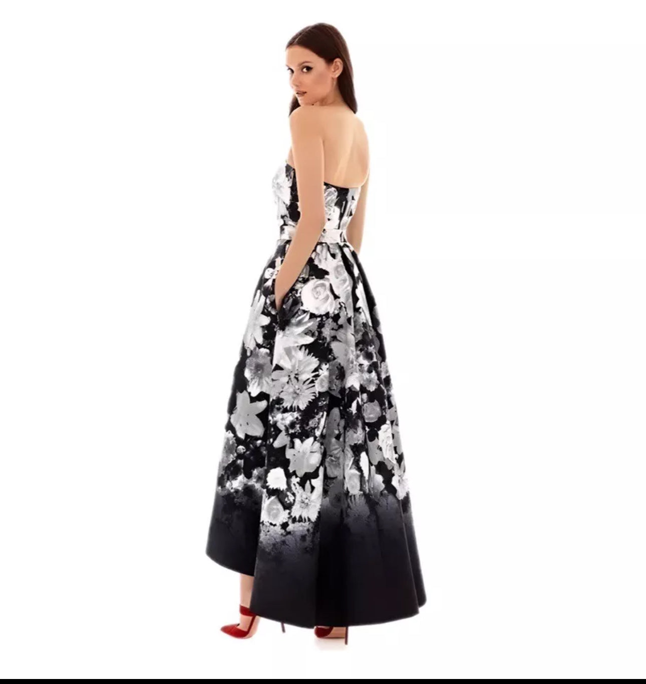 ALFRED SUNG From Nordstrom Floral Print Hi Low Full Gown Strapless Dress