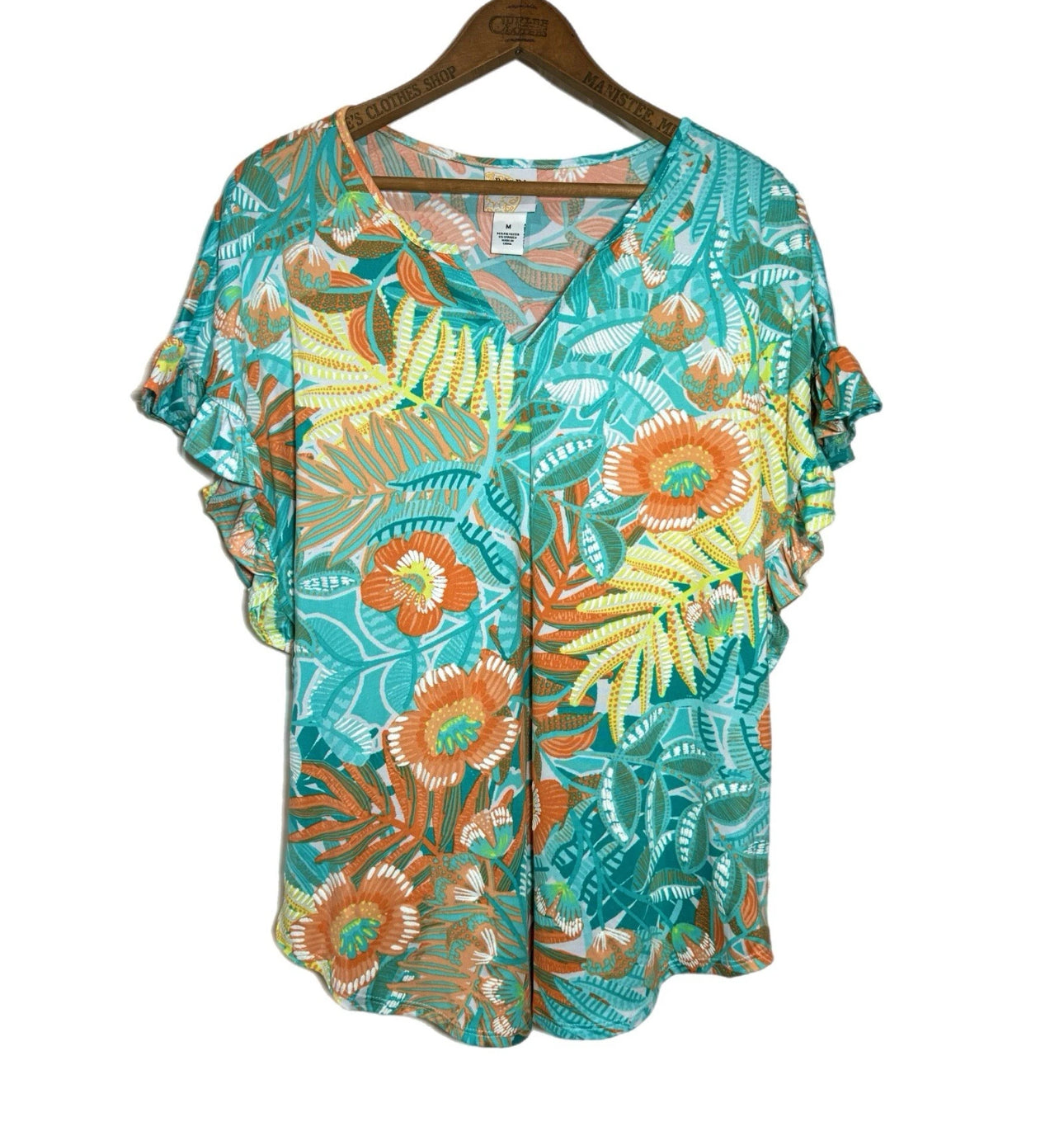 RUBY RD Tropical Floral Short Sleeve Blouse Flutter Sleeve Split Neck Top