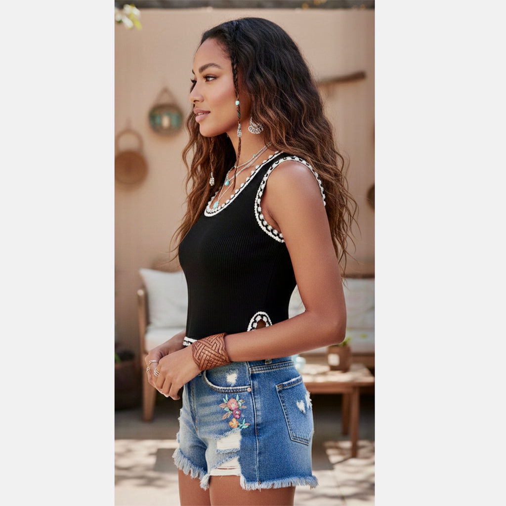 POL Bella Ribbed Knit Tank Vest Crochet Trim Black/White