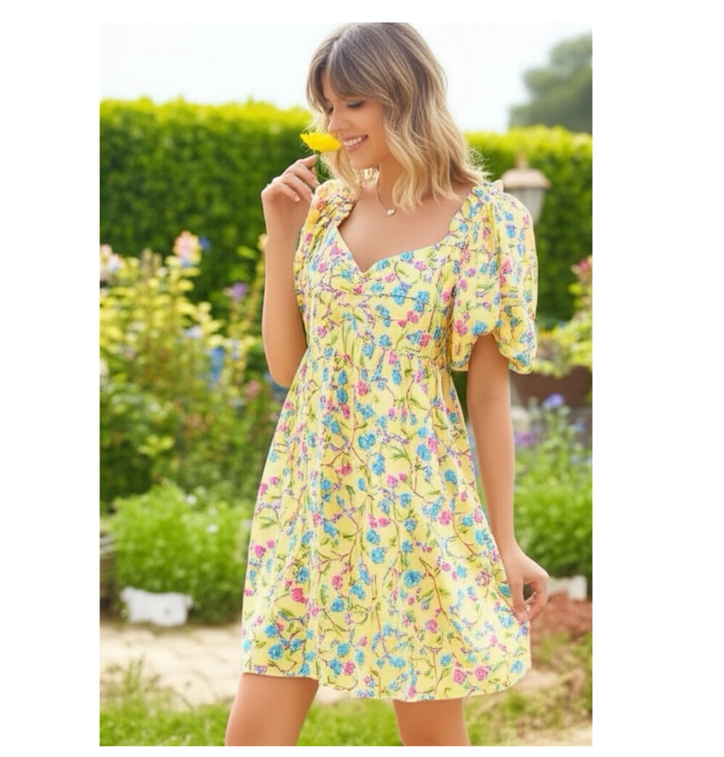 Emma & Michele Dress Cottage Chic Floral Puff Sleeve Sunshine Yellow