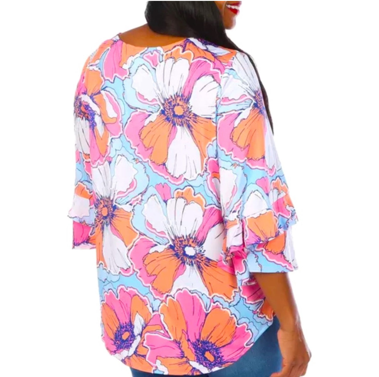 RUBY RD Pink Tropical Floral Blouse 3/4 Flutter Sleeve Top