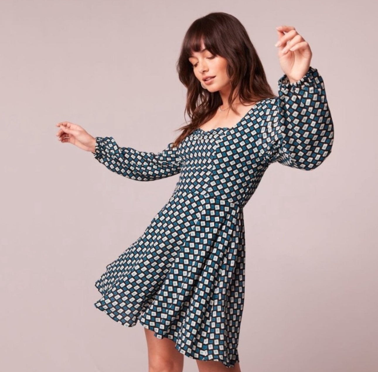 BAND OF THE FREE Genevieve Autumn Teal Diamond Long Sleeve Mini Dress
