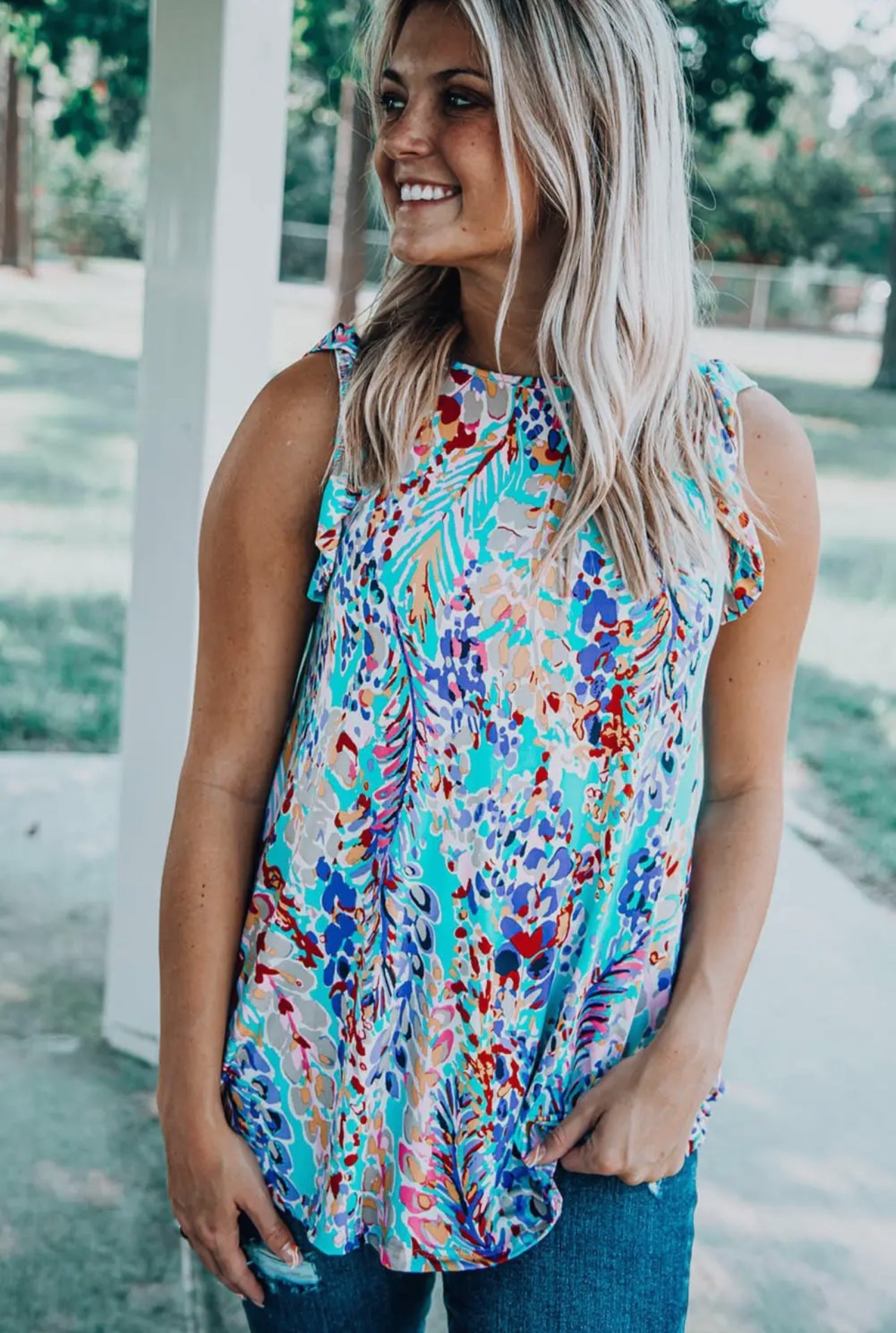 Floral Print Ruffle Sleeve Summer Top Coastal Blue Blouse