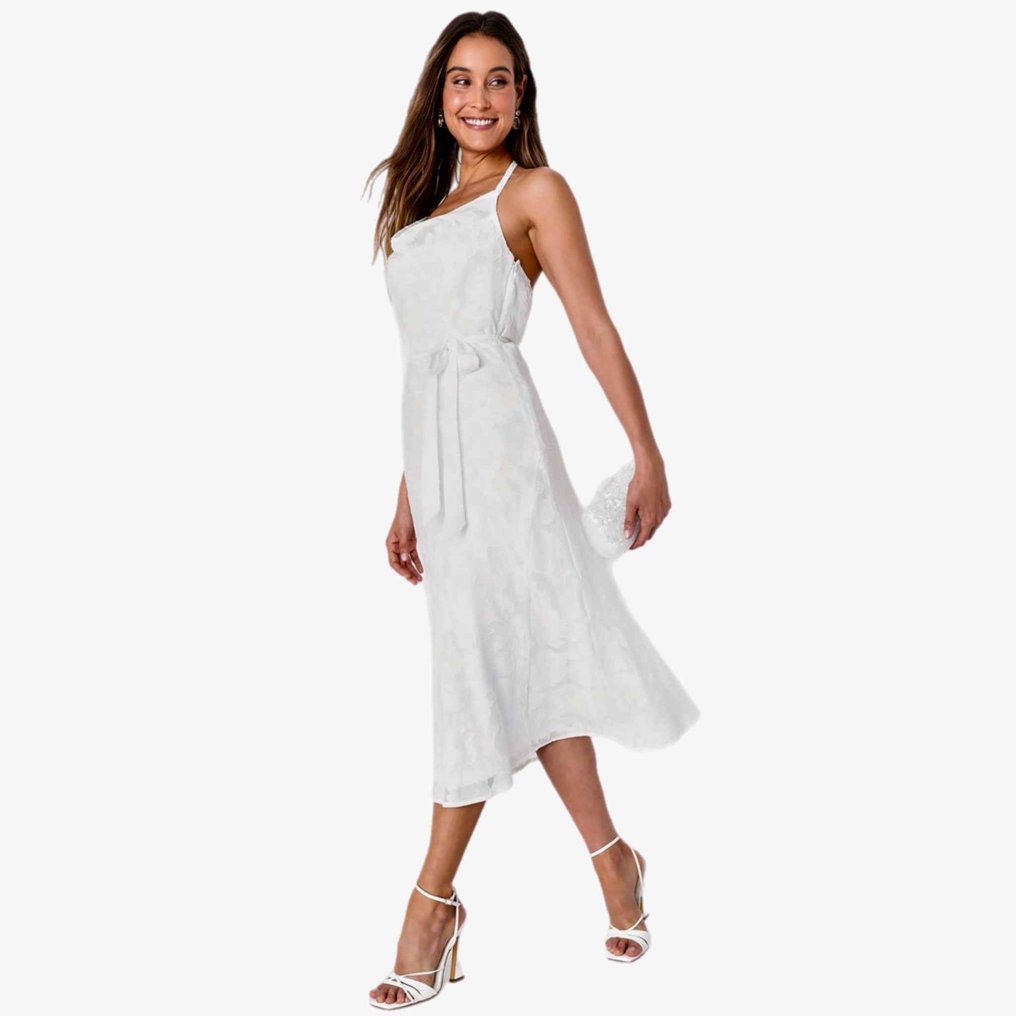 New Lulus Graceful White Floral Jacquard Halter Elegant Midi Dress