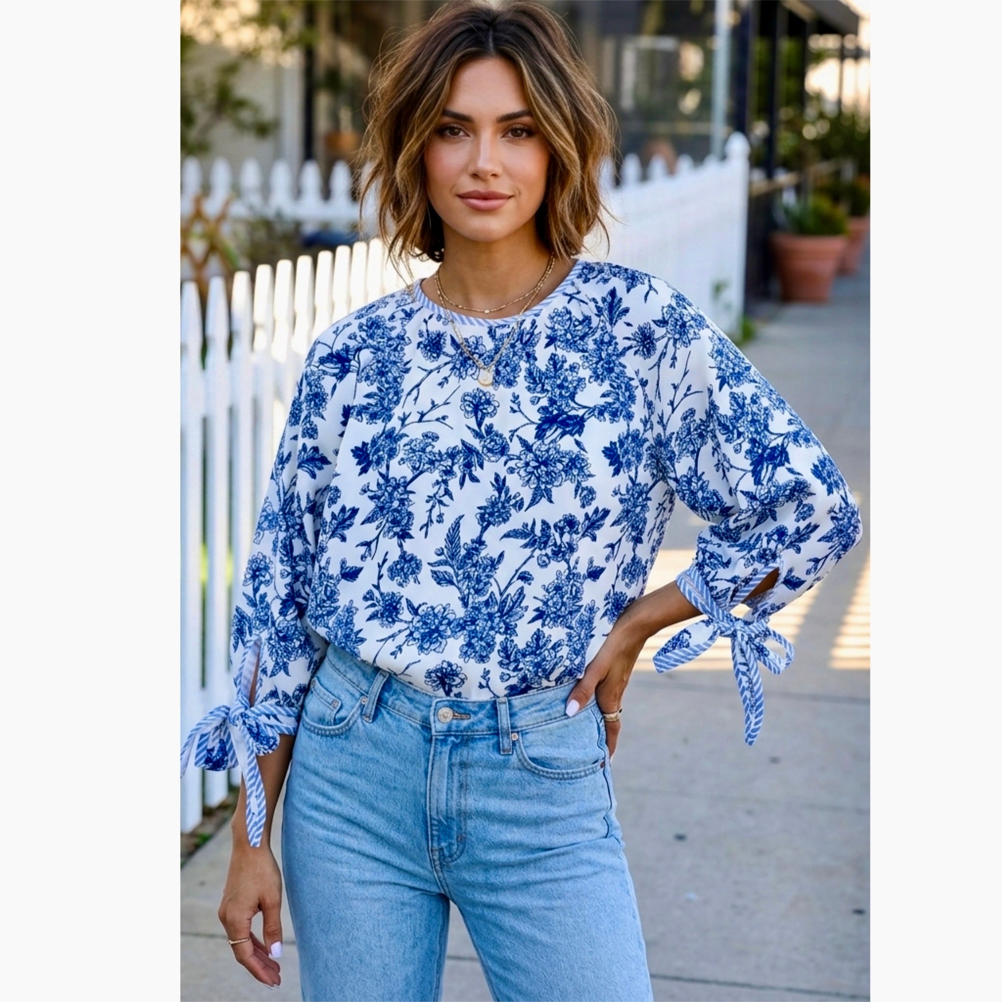Coastal Chic Vintage Floral Print Blouse with Bow Sleeves Navy & Ivory
