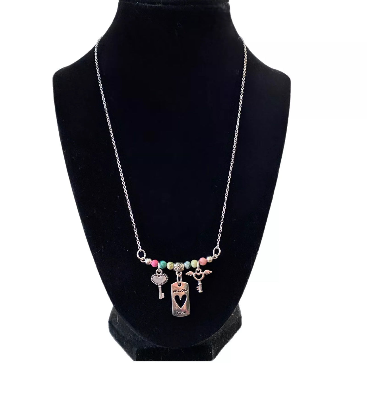 FOLLOW YOUR HEART Gemstone Beaded Silver Plate Chain Bar Charm Necklace 19"