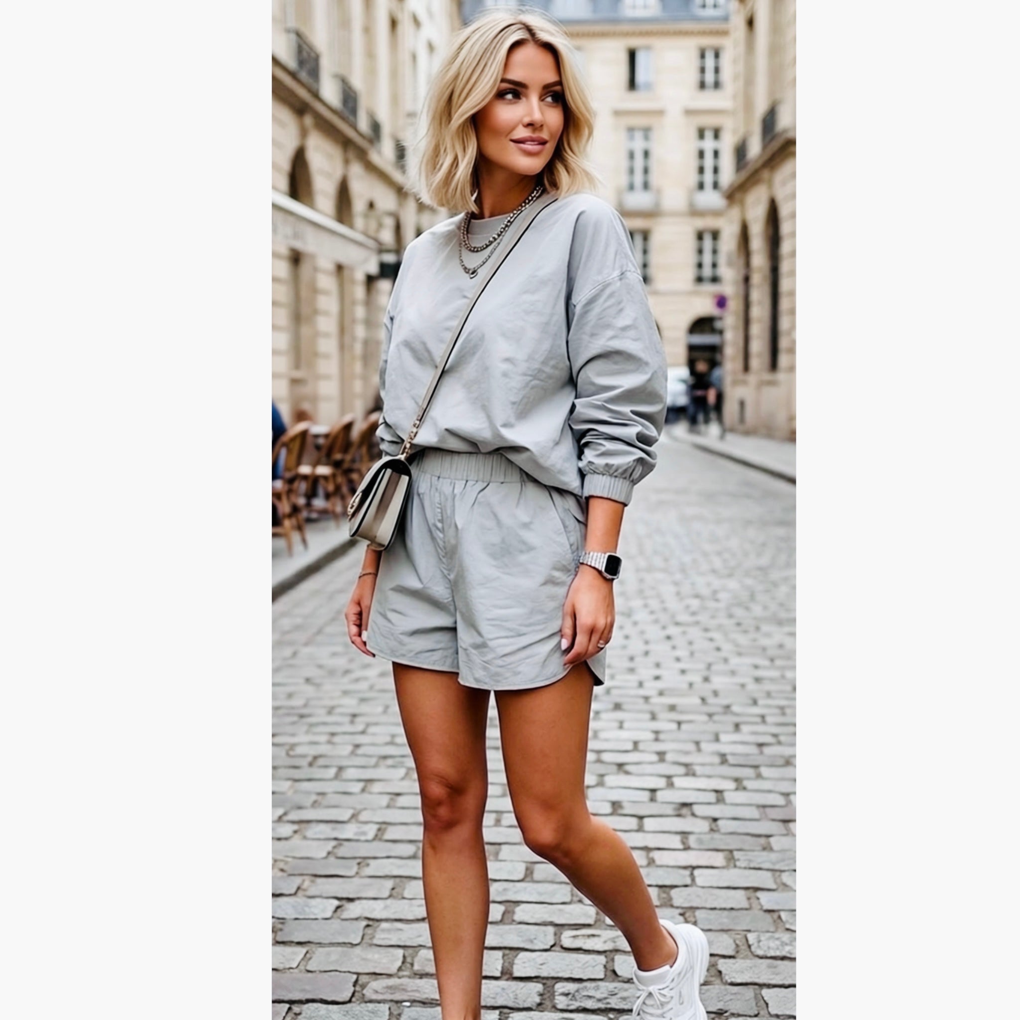 MACHERIE Two-Piece Nylon Athleisure Set Sage Gray Shorts Pullover Crew