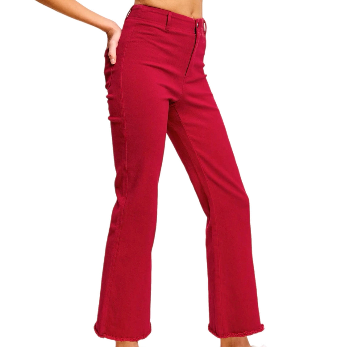 LA MIEL High-Rise Raw Hem Stretch Ankle Flare Pants in Red