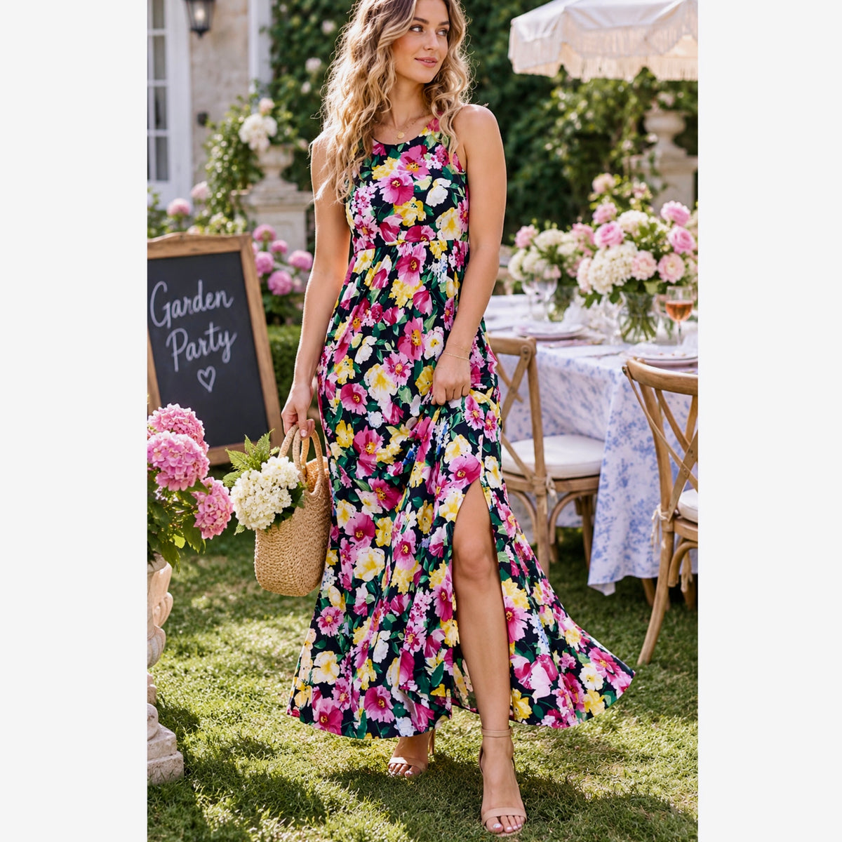 Beeson River Garden Flower Floral Slit Maxi Dress Multi-Color (S-XL)