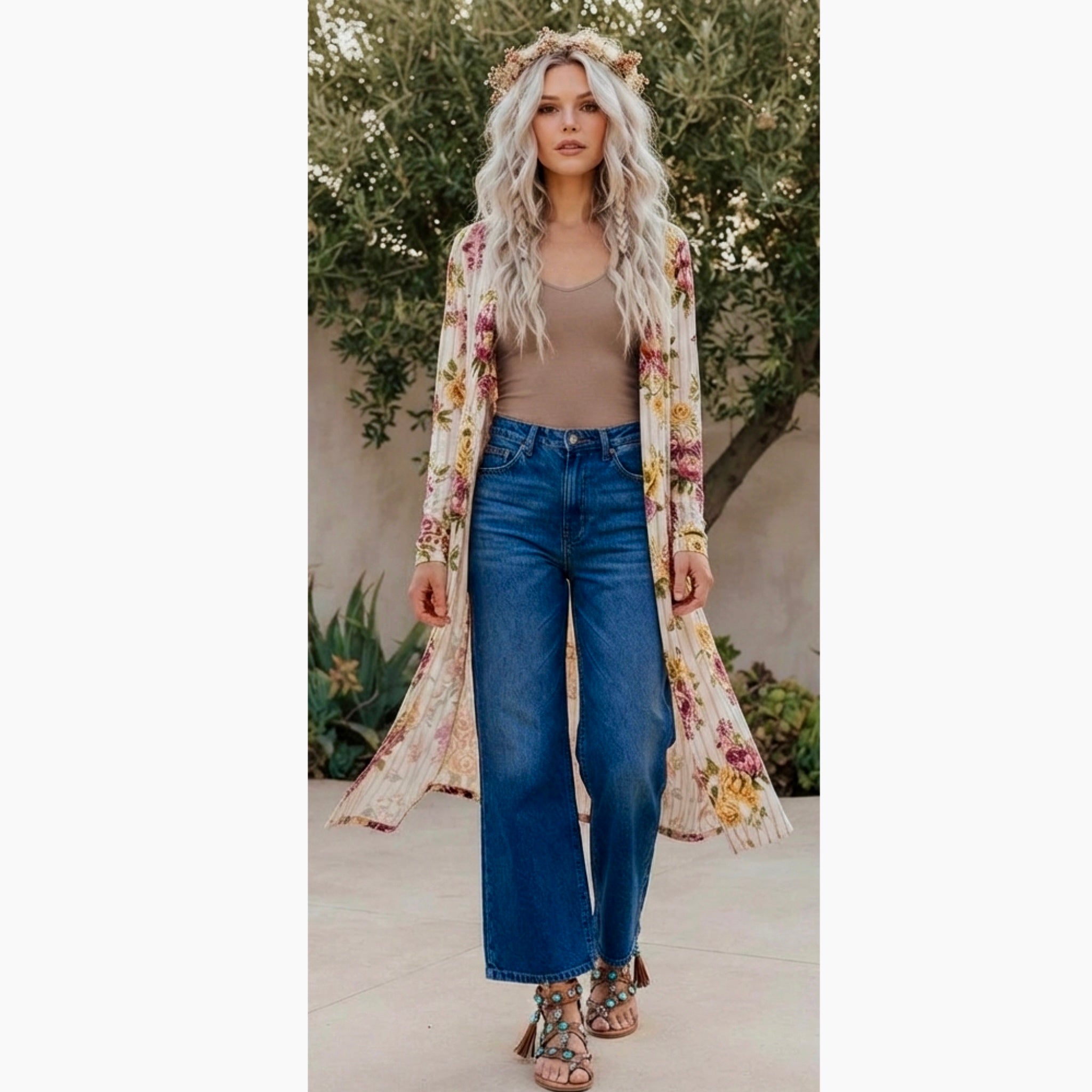 Boho-Chic Floral Stripe Longline Kimono Duster