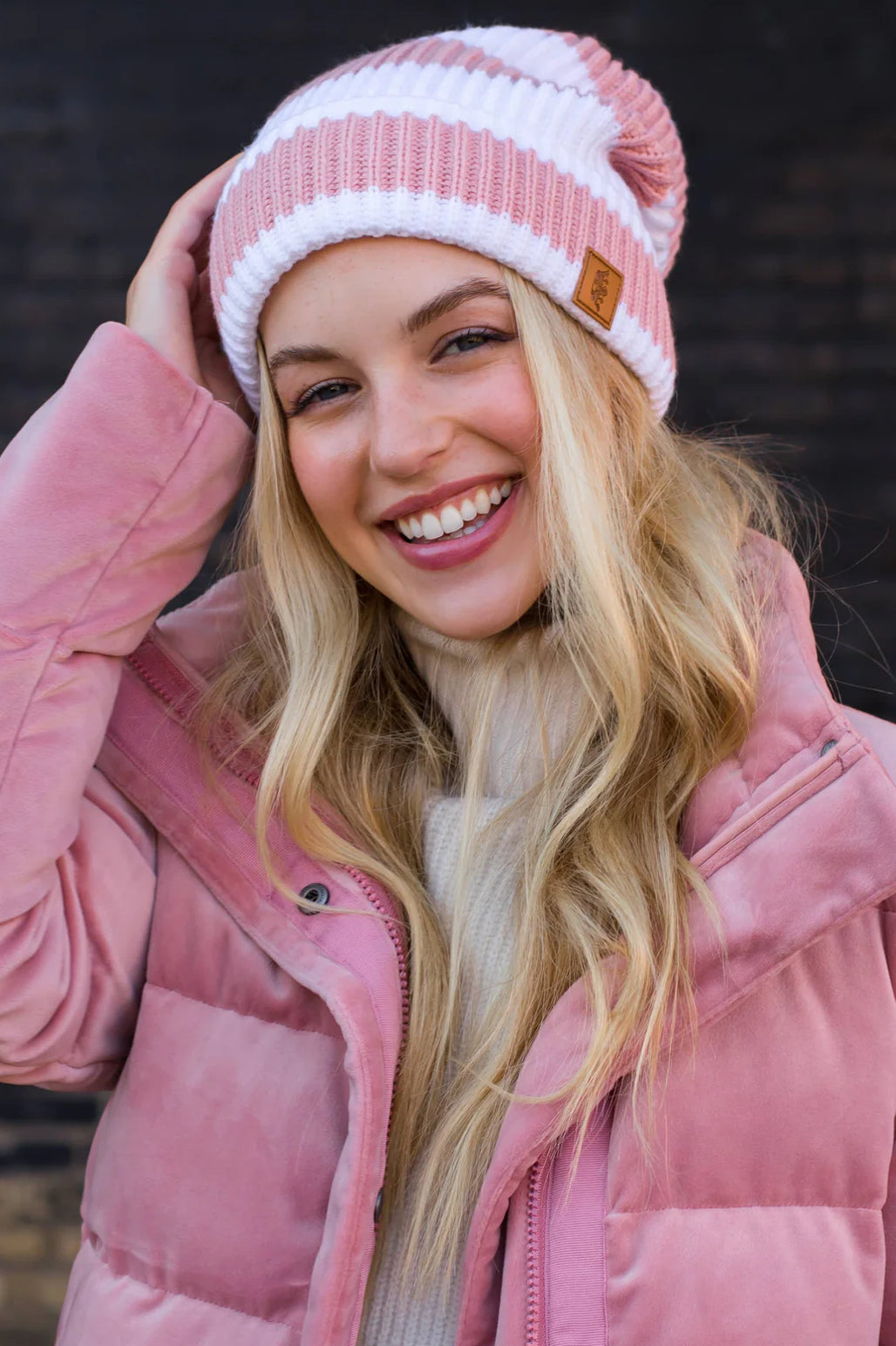 PANACHE Pink Blush & White Striped Slouchy Knit Beanie