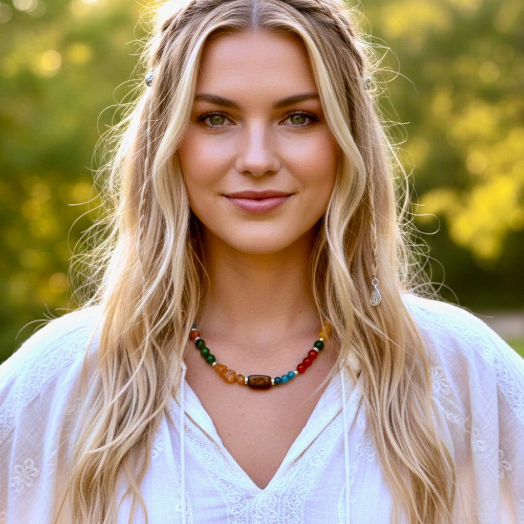 Natural Chakra Healing Necklace Handmade Jade Citrine Tiger’s Eye Gemstone 17”