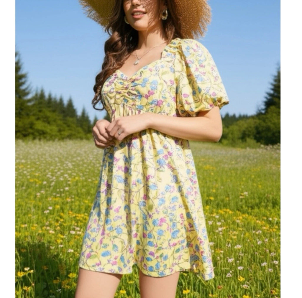 Emma & Michele Dress Cottage Chic Floral Puff Sleeve Sunshine Yellow
