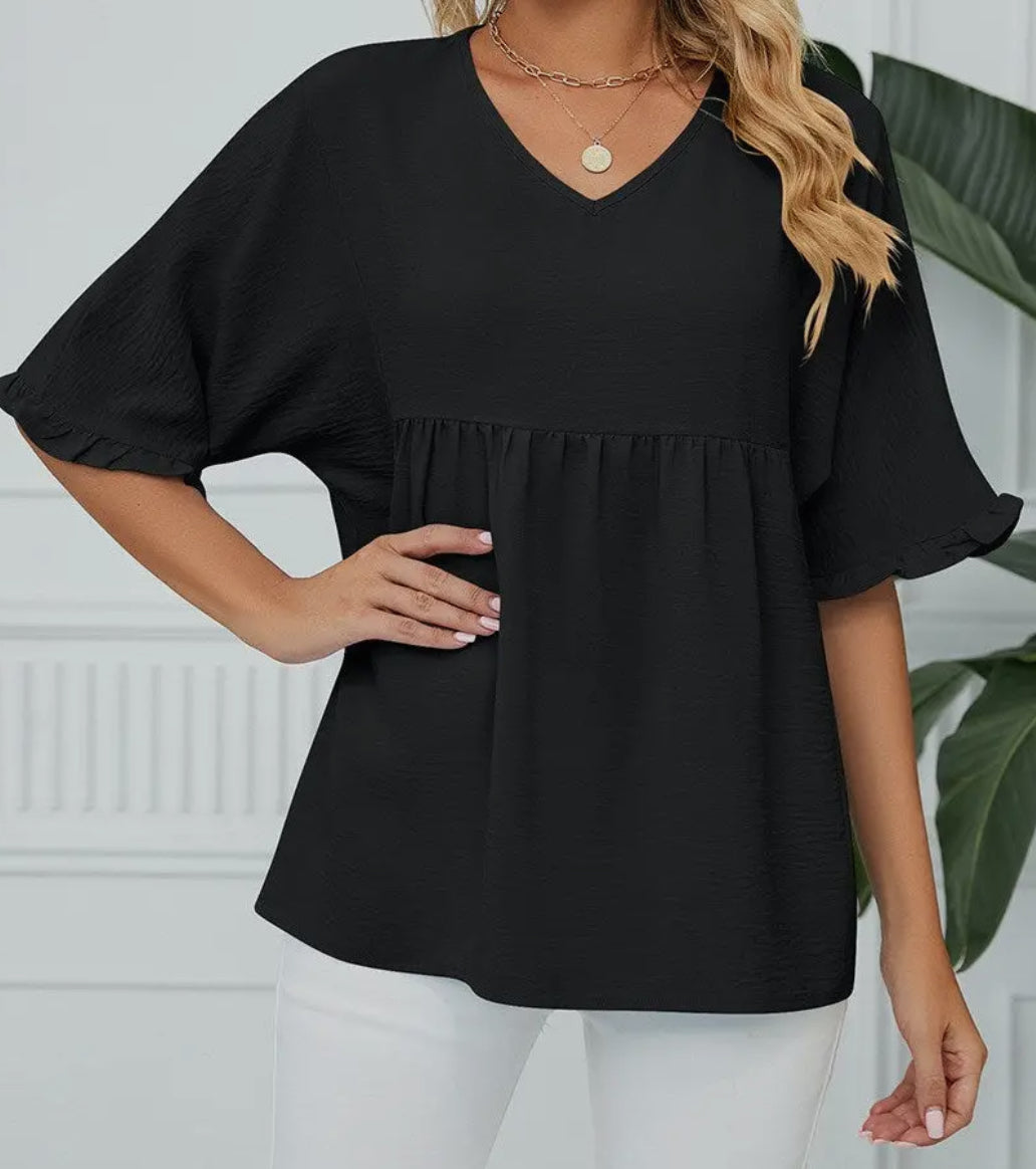 Textured Ruffle Gathered Top Short Sleeve V Neck