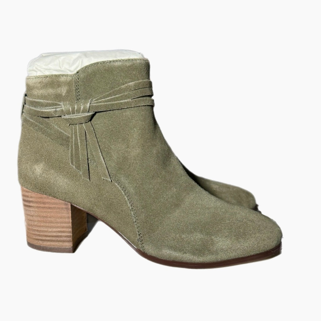 VIOLET & RED Jenna Genuine Leather Olive Green Suede Heeled Ankle Bootie