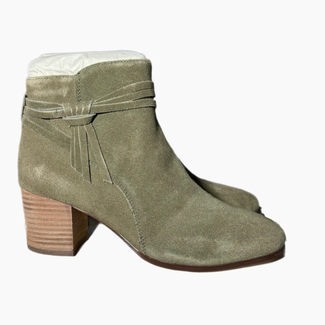 VIOLET & RED Jenna Genuine Leather Olive Green Suede Heeled Ankle Bootie