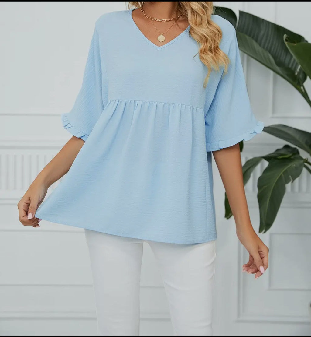 Textured Ruffle Gathered Top Short Sleeve V Neck Blouse